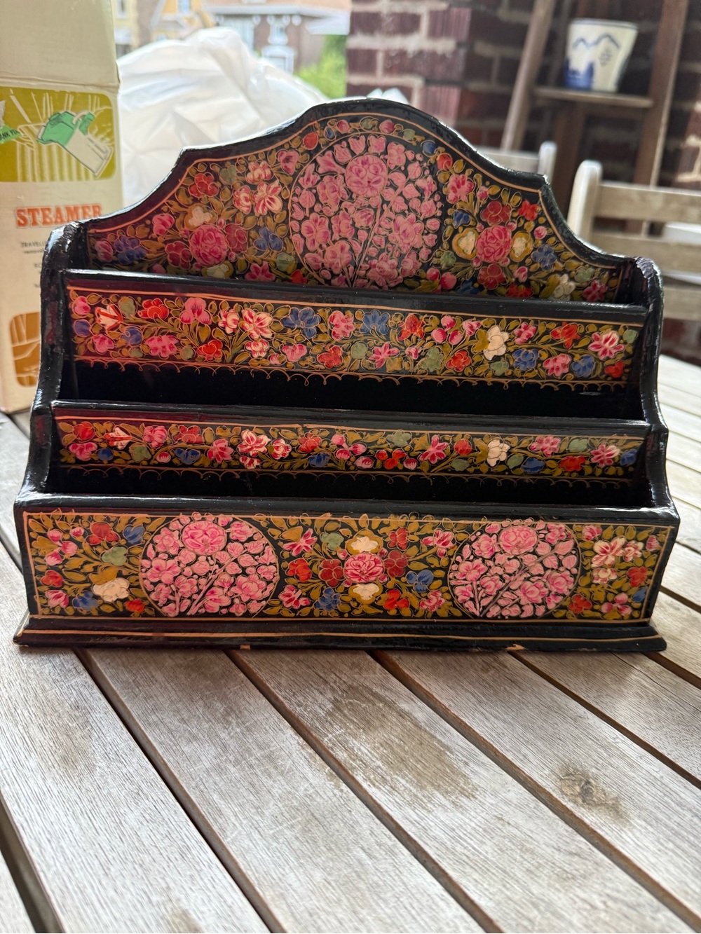 Antique Kashmiri Paper Mache letter rack hand painted